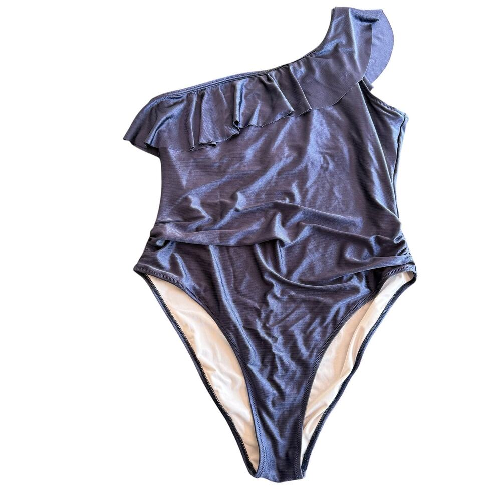 Cupshe Women’s one piece swimsuit, navy blue, one shoulder ruffle, shimmer, XL